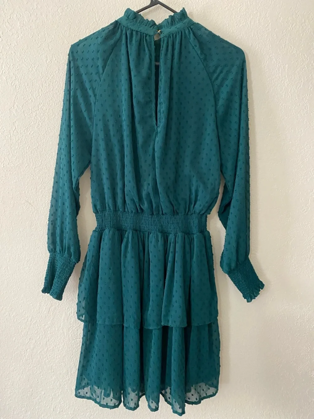 MUD PIE Green Swiss Dot Tiered Long Sleeve Mini Dress - Picture 8 of 14